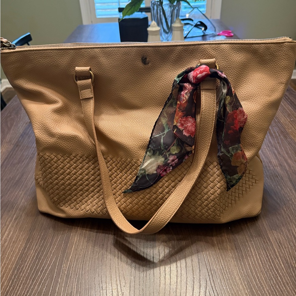 Elliott Lucca Tan Vegan Leather Tote Bag Woven Detail Zip Top